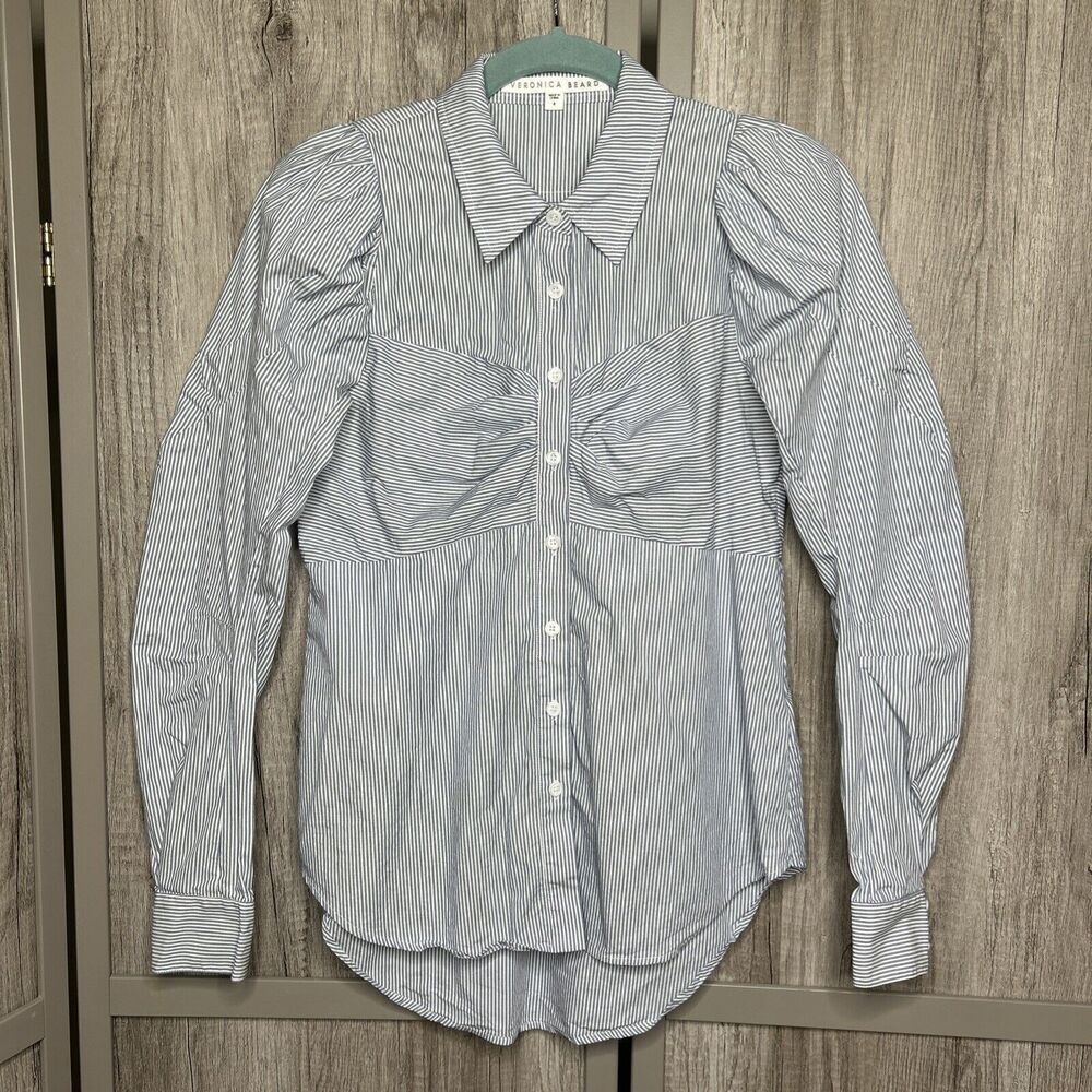 Veronica Beared Button Up Shirt Puff Long Sleeve Professional Striped Size 4